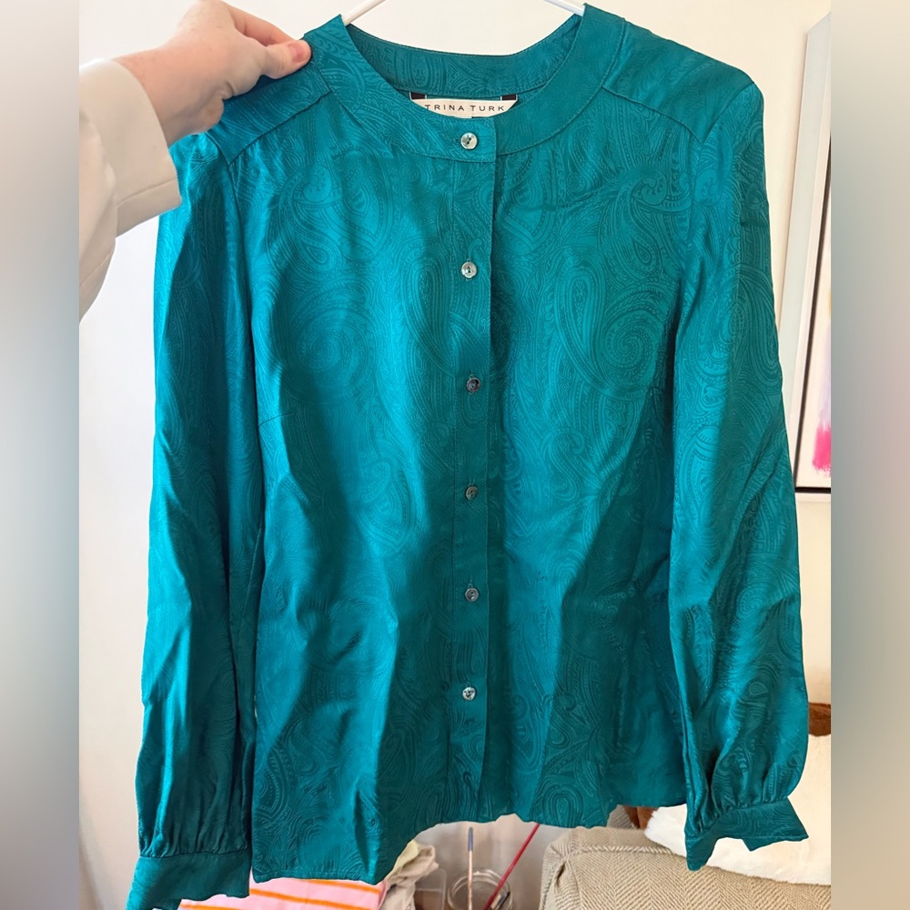 Trina Turk Teal Paisley Jacquard Button-Down Blouse